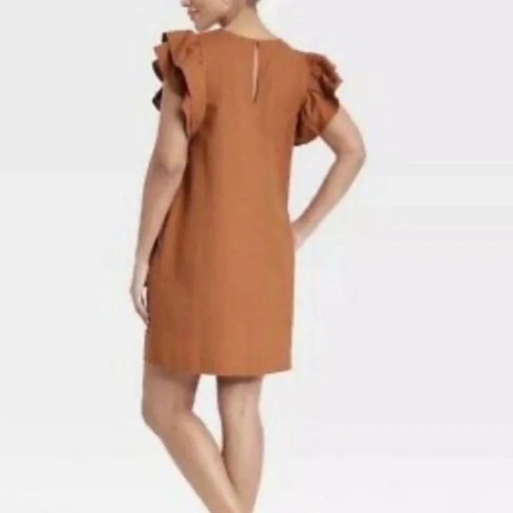 A New Day Rust Ruffle Sleeve Knee Length Linen Sheath Dress Size XS - Picture 2 of 10